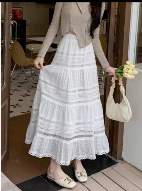 Vintage Lace Embroidered Long Tiered Skirts
